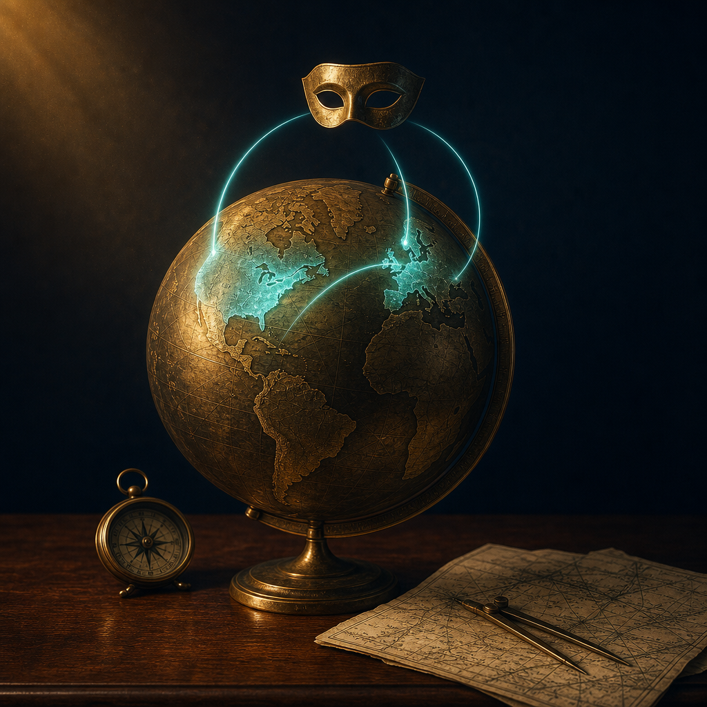 Antique brass globe on walnut desk with US UK and Netherlands regions glowing teal and a small brass theatrical mask hovering above representing the privacy layer overlaying geographic coverage
