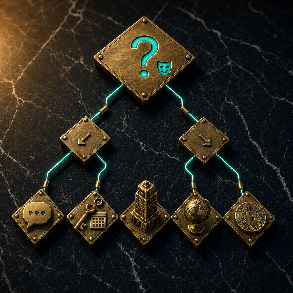 Brass plaques arranged in a flowchart pattern on black marble with five outcome paths including SMS, key with calendar, building, globe, and Bitcoin coin icons representing different anonymity decision branches