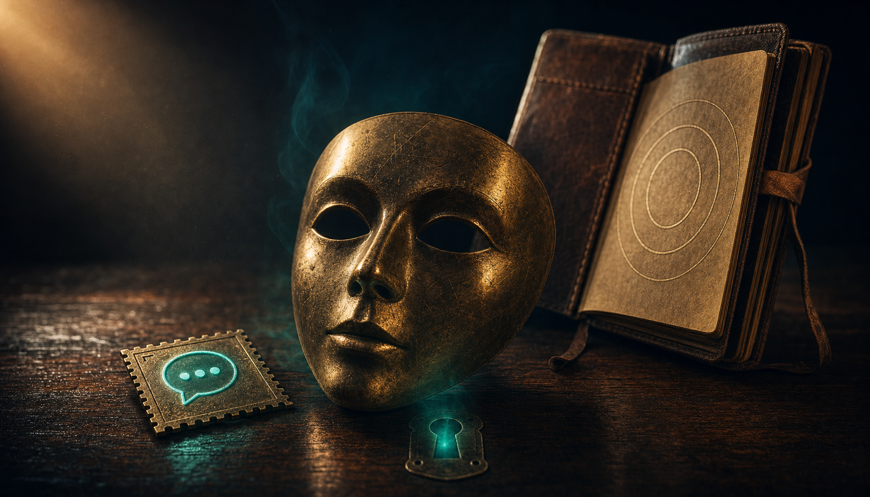 Vintage brass theatrical mask on dark walnut desk partially obscuring a brass postage stamp with teal SMS chat-bubble, with brass keyhole faintly glowing teal behind it representing what the mask doesn't hide and a leather journal embossed with three concentric privacy rings