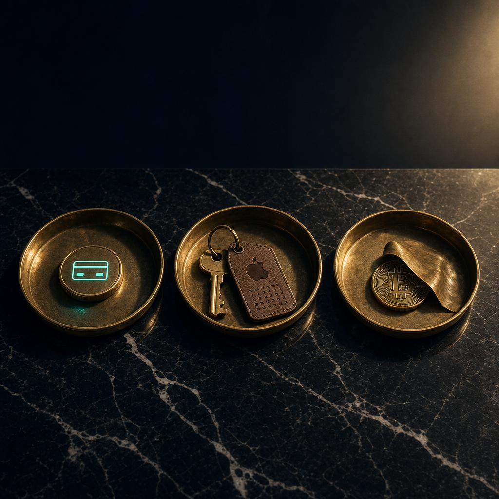 Three vintage brass coin trays on black marble showing different payment trails: Stripe credit card with teal glow, Apple/Google IAP key with calendar tag, crypto Bitcoin coin partially veiled for pseudonymity