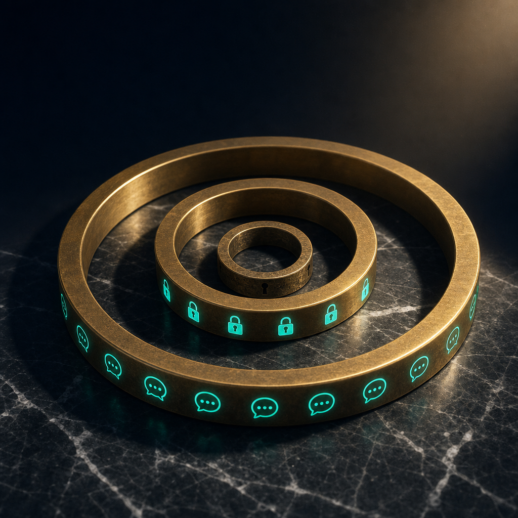 Three concentric brass rings on black marble representing layered privacy: outer ring with chat-bubble icons for Layer 1 recipient privacy, middle ring with lock for Layer 2 platform privacy, inner ring dim with keyhole showing absence of Layer 3 anonymity