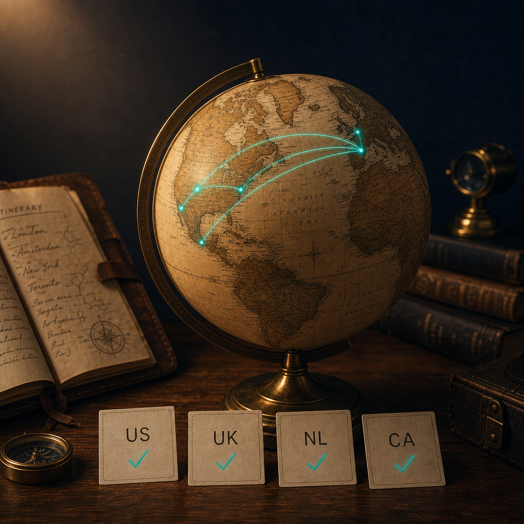Vintage brass world atlas globe on walnut desk showing Western Europe and North America in warm light with thin glowing teal connection arcs between US UK Netherlands and Canada, four paper cards stamped with country codes US UK NL CA each with teal checkmarks, leather-bound travel journal open behind