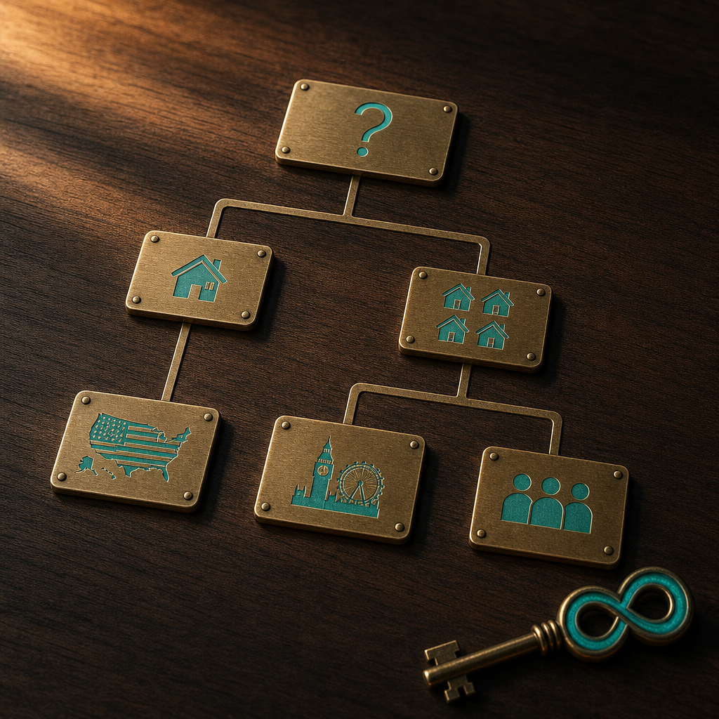 Walnut desk with five brass plaques arranged as flowchart connected by warm-bronze inlay tracks, top plaque etched with question mark, two main branches showing house-with-1-icon for single listing and multi-house-grid icon for multi-listing, three terminal plaques showing US-flag silhouette US/Canada path, UK-landmark silhouette UK/NL path, team-of-three-figures silhouette team hosting path, with brass property-key with glowing teal infinity-loop pendant in lower right