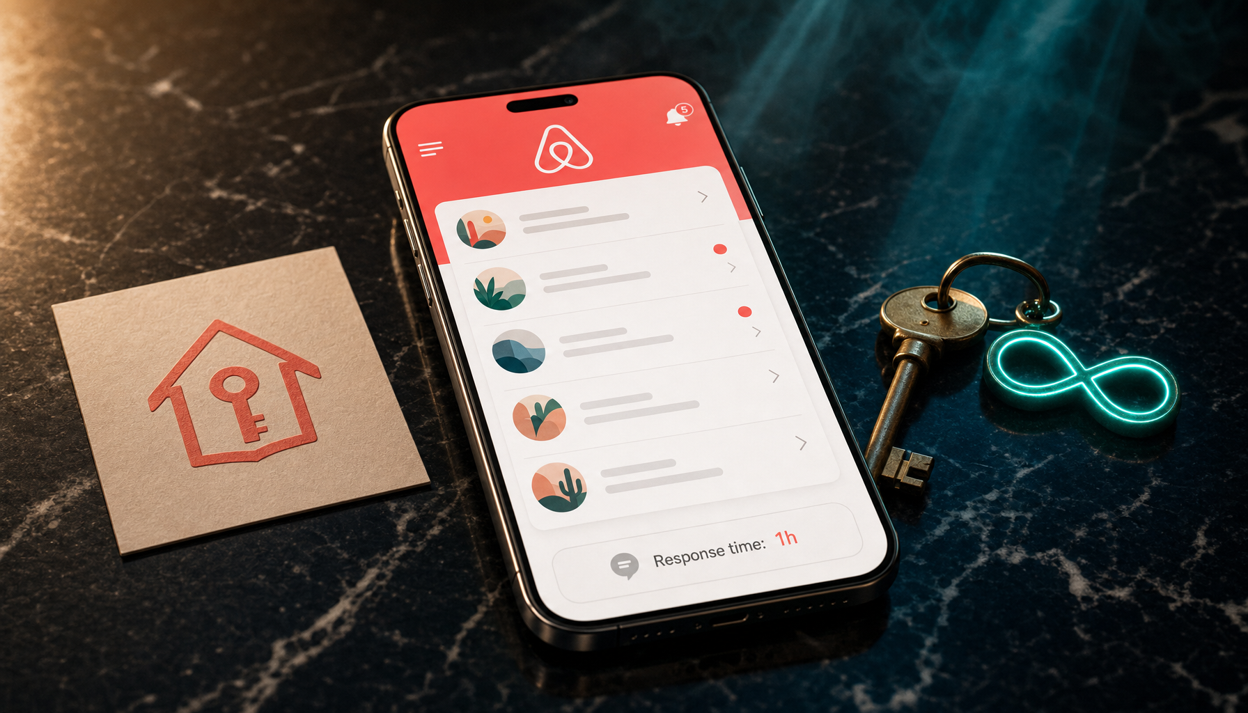 Modern smartphone on polished black marble showing Airbnb-styled hosting-app interface with coral-pink header bar and abstracted Bélo mark, chat list with guest conversations and 1h response time indicator, paper card with house-with-key icon embossed in coral-pink and brass property-key with glowing teal infinity-loop pendant on opposite side