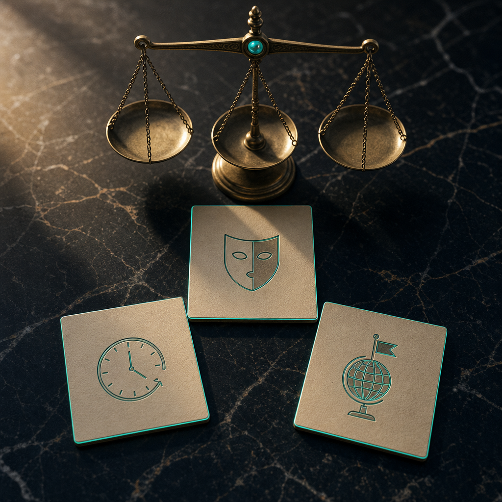 Three small modern paper cards arranged in triangular composition on black marble each showing different requirement icon: theatrical-mask silhouette for privacy from contact harvesting, 24-hour clock face for responsiveness, brass globe with flag-pin compass for country-code alignment, with antique brass weighing scale balanced behind