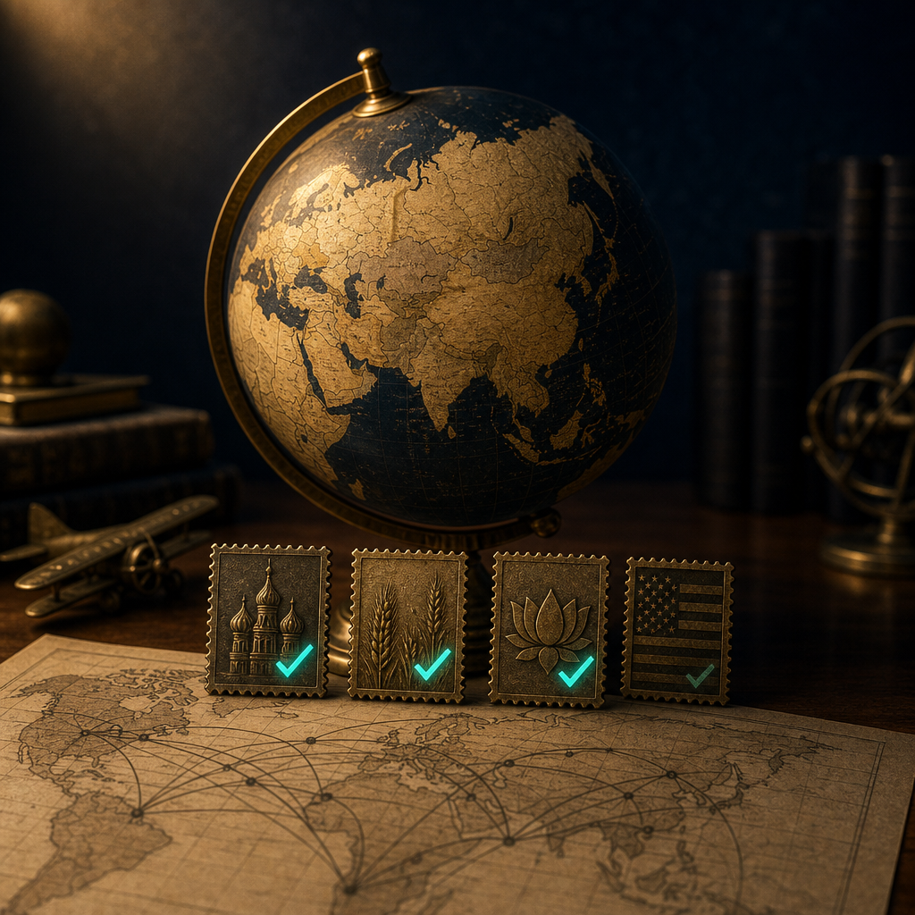 Vintage brass world atlas globe on walnut desk turned to show Russia Ukraine India and Western Europe in warm light, four brass postage stamps showing Russian onion-dome silhouette with bright teal checkmark, Ukrainian wheat field with teal, Indian lotus with teal, and US-flag silhouette stamp with partially obscured teal mark, plus aviation route map curves between continents — symbolizing how Discord verification differs by country with non-Western lighter-filtered