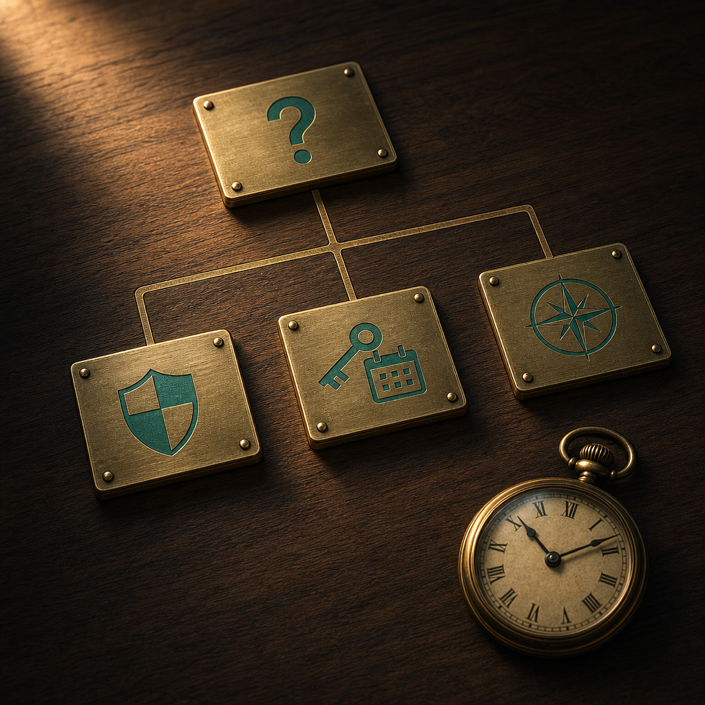 Walnut desk with four brass plaques arranged as flowchart connected by warm-bronze inlay tracks, top plaque etched with question mark, three branches showing brass shield for admin path, key with calendar leaf for kept monthly path, and antique compass-rose for international path, with brass pocket watch in lower right hands frozen at specific time