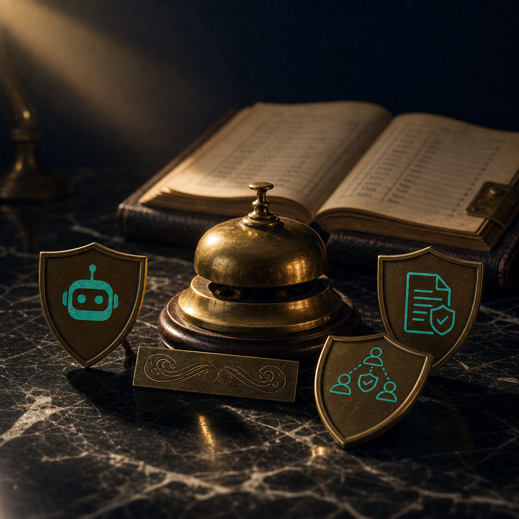 Black marble surface with vintage brass desk bell and small brass nameplate beside it surrounded by three brass shield-shaped plaques each etched with different icon for AutoMod anti-raid and Trust and Safety, with thick leather-bound logbook open behind showing abstract entry rows — symbolizing Discord server admin moderation tools requiring phone-verified accounts