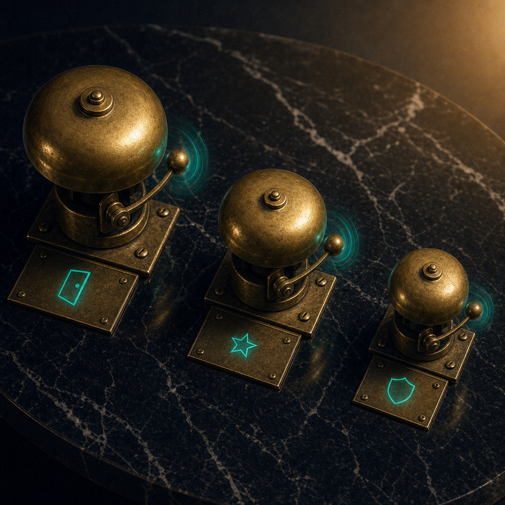 Three vintage brass alarm bells of different sizes mounted on plaques on black marble each etched with abstract icons for suspicious-login challenge, Nitro/2FA setup, and server-required verification, with hammers caught mid-strike and faint glowing teal motion auras — symbolizing Discord trigger events that demand phone verification without warning