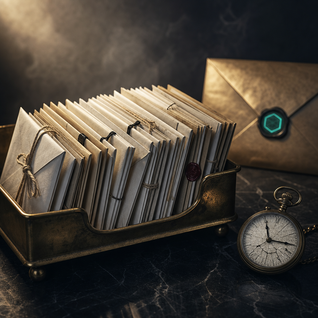 Black marble surface with vintage brass mail receiving tray containing 12-15 neatly folded paper letters in distinct seals representing repeated appeal emails, antique pocket watch with cracked face hands frozen, brass envelope behind sealed with wax stamp showing faint glowing teal hexagonal mark — symbolizing the 10-20 emails over 48 hours appeal protocol for banned Telegram accounts