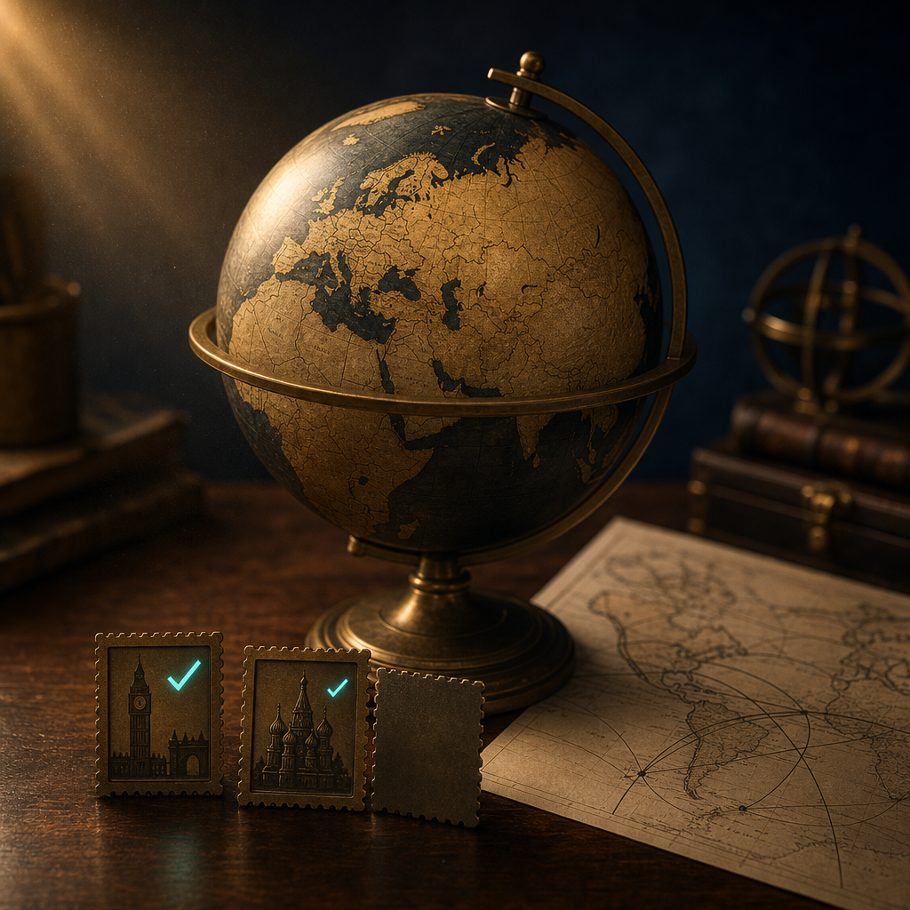 Vintage brass world atlas globe on walnut desk turned to show Eastern Europe and Russia in warm light with Western Europe shadowed, three brass postage stamps at base showing UK landmark with bright teal checkmark and Russian onion-dome with fainter teal, paper aviation map curves between continents — symbolizing how Telegram filter sensitivity varies by country