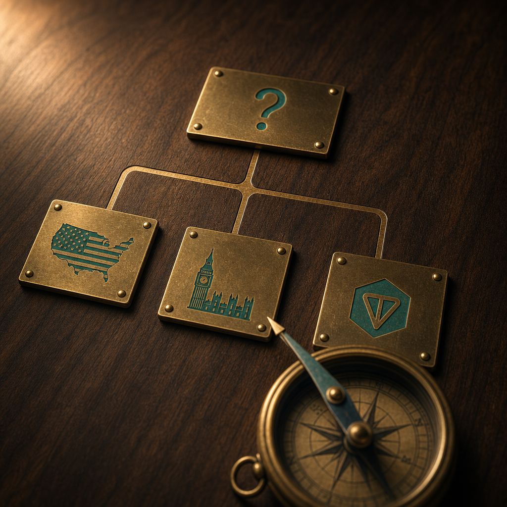 Walnut desk with four brass plaques arranged as flowchart connected by warm-bronze inlay tracks, top plaque etched with question mark, three branches showing tiny etched US flag silhouette, UK landmark silhouette, and TON cryptocurrency hexagonal icon, with brass compass needle pointing toward UK plaque