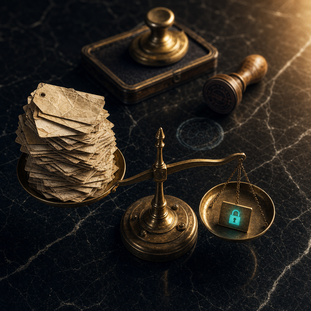 Antique brass weighing scale on black marble with crumpled paper number-tags piled on left pan tipping the scale, single brass plaque etched with glowing teal lock symbol on right pan, plus vintage rubber stamp behind suggesting prefix rejection — symbolizing Telegram's 2026 prefix blacklist filter