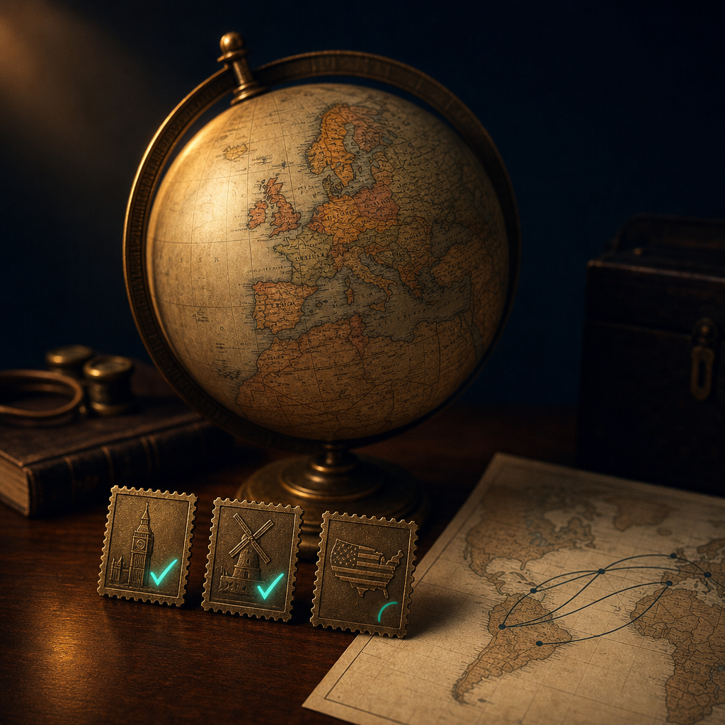 Vintage brass world atlas globe on walnut desk turned to show UK and Netherlands in warm light, three brass postage stamps showing UK landmark with bright teal checkmark, Dutch windmill silhouette with teal mark, and US-flag silhouette stamp with partially obscured teal mark, plus aviation route map curves between continents — symbolizing how Tinder verification differs by country