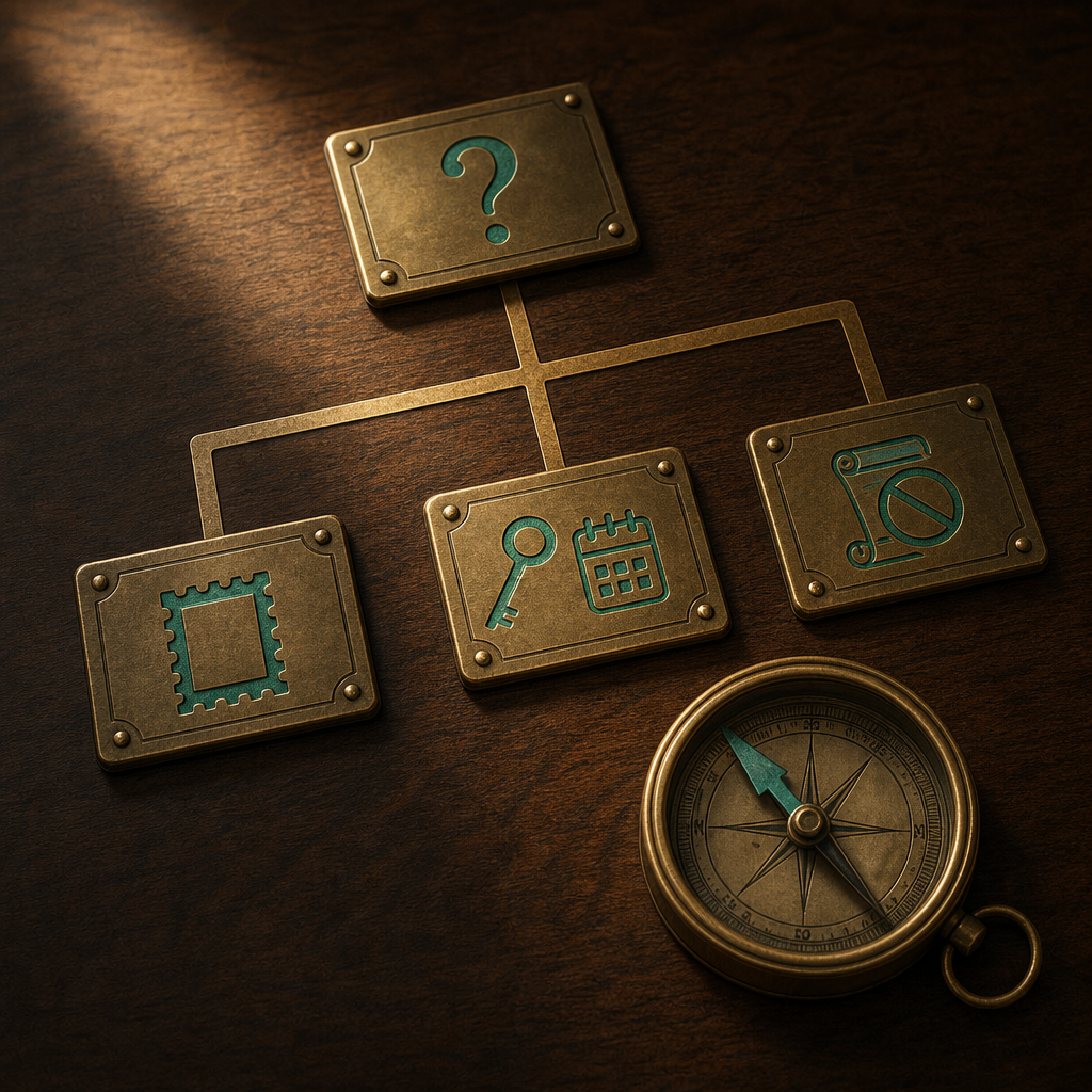 Walnut desk with four brass plaques arranged as flowchart connected by warm-bronze inlay tracks, top plaque etched with question mark, three branches showing brass postage stamp for one-shot path, key with calendar leaf for monthly path, and ban-restoration scroll for recovery path, with brass compass needle pointing toward the key plaque