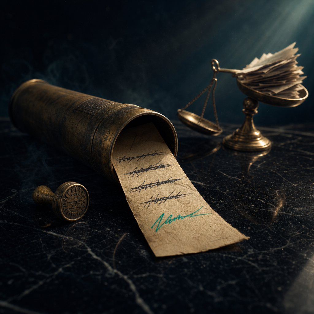 Antique brass mail tube on black marble with weathered paper note showing four crossed-out previous owner names and one fresh inscription glowing teal at bottom, brass weighing scale tipped sharply by accumulated paper weight — symbolizing recycled phone numbers carrying bans of previous owners