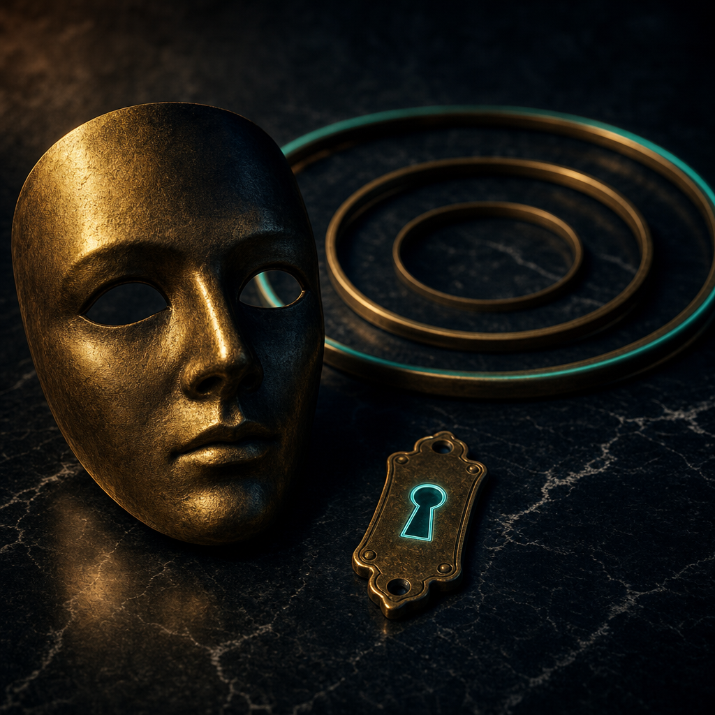 Black marble surface with vintage brass theatrical mask half-shadowed, antique brass keyhole plate with glowing teal lock symbol etched in its center, three concentric brass rings nested loosely with slight offset and outermost ring edge faintly glowing teal — symbolizing layered privacy from stalkers framing for dating-app phone-number choice