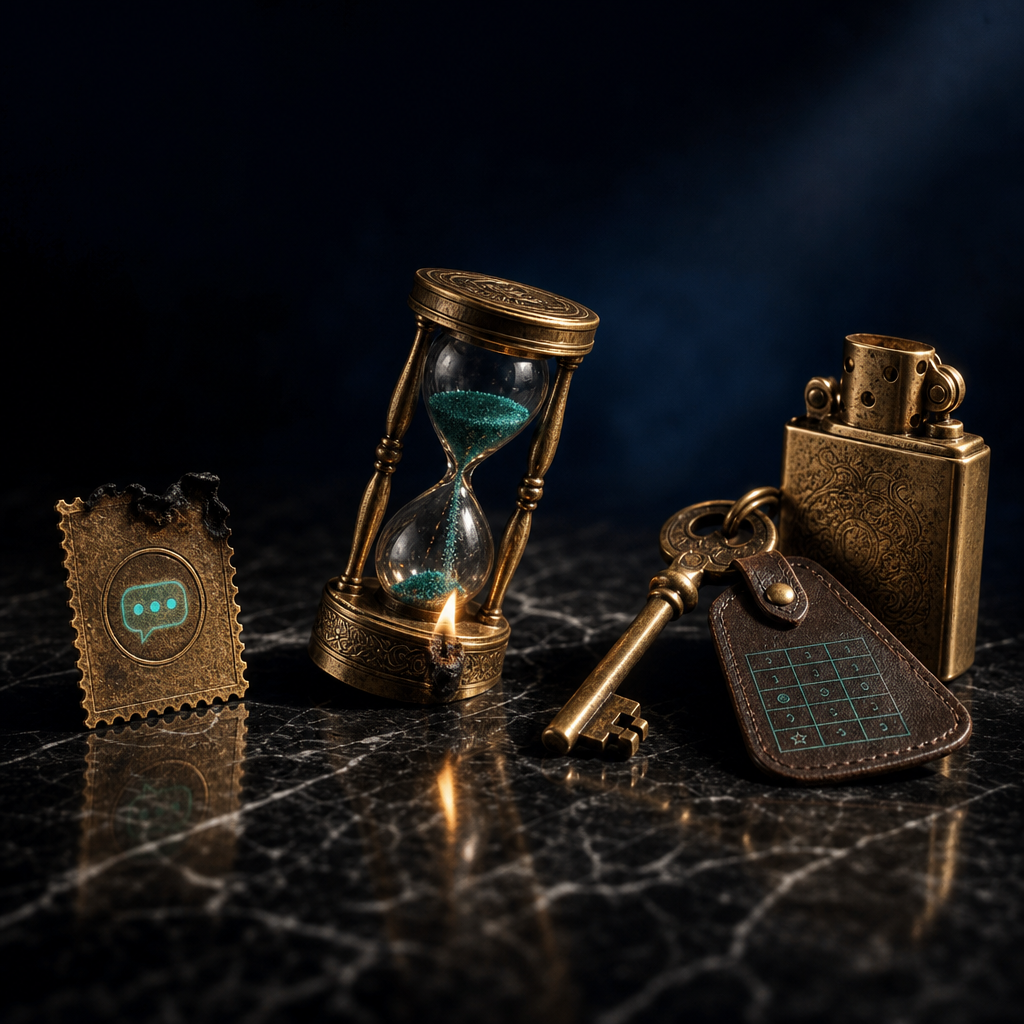 Three brass objects in a row on black marble: burnt postage stamp, hourglass with flame, key with leather calendar tag and lighter, representing single-shot, week-long, and month-long burn lifecycles