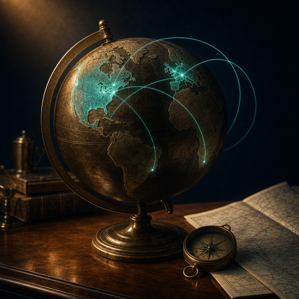 Antique brass globe on walnut desk with US UK and Netherlands regions glowing teal and flight paths between continents