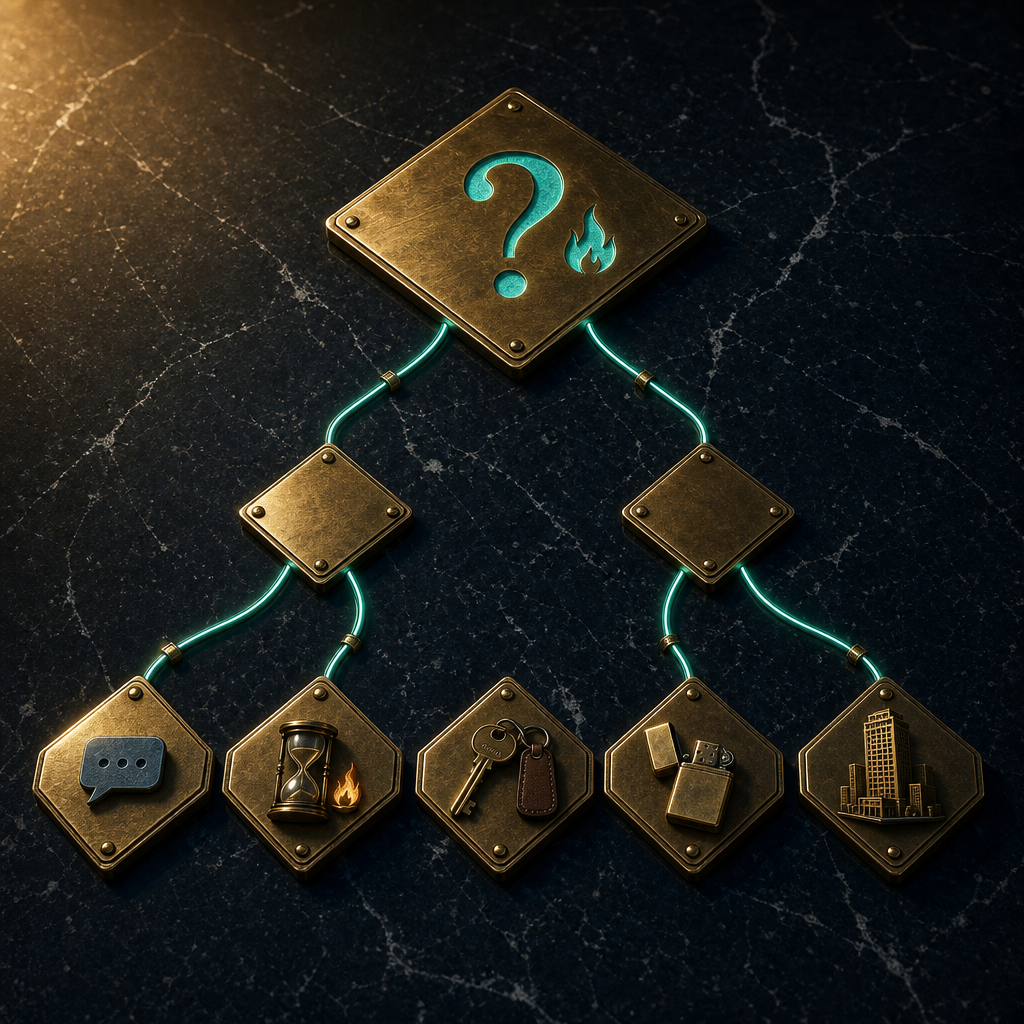 Brass plaques arranged in a flowchart pattern on black marble with five outcome paths including SMS, hourglass with flame, key with calendar, lighter, and building icons