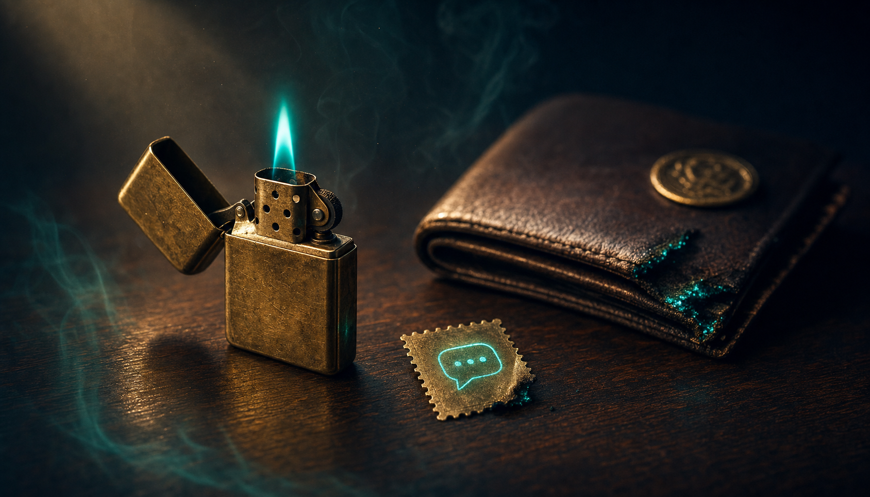Vintage brass cigarette lighter open with thin teal flame beside a singed brass postage stamp with SMS icon and burnt leather wallet on dark walnut desk