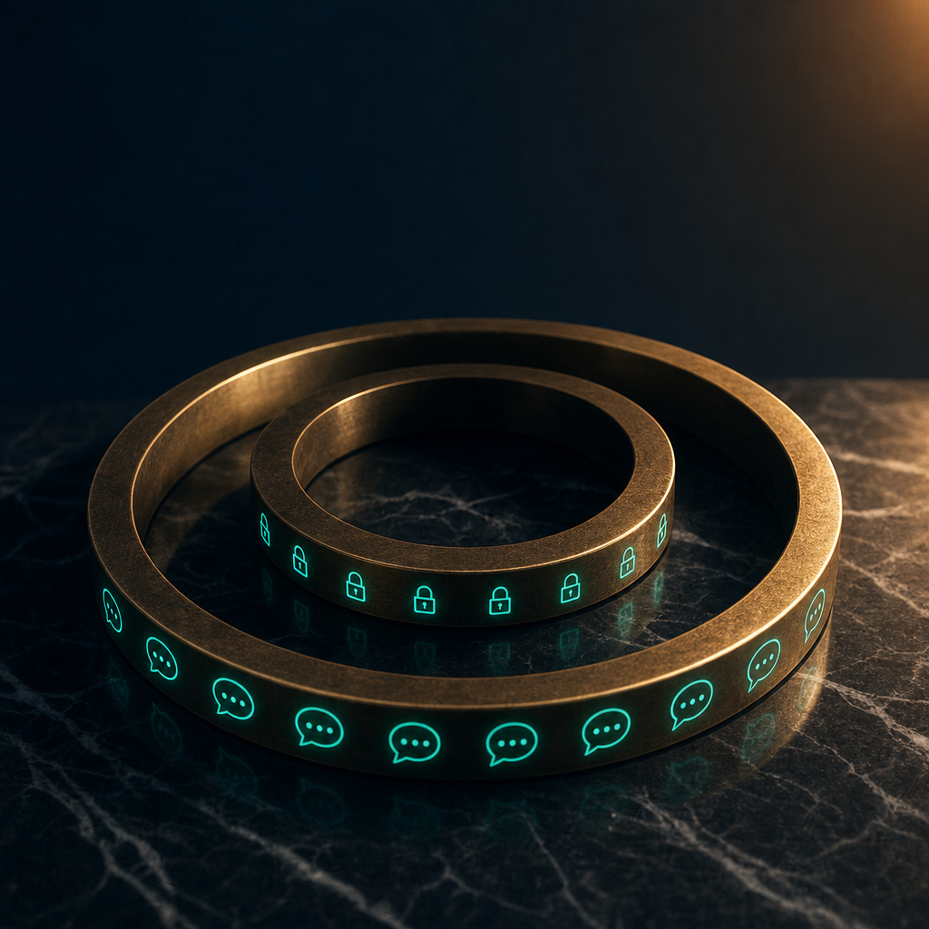 Three concentric brass rings on black marble representing layered privacy: outer ring with chat-bubble icons, middle ring with lock, inner ring dim showing absence of true anonymity