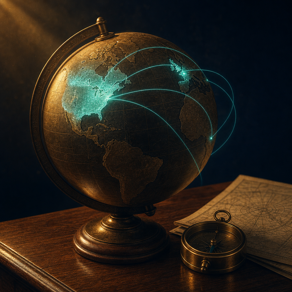 Antique brass globe on walnut desk with US UK and Netherlands regions glowing teal and flight paths between continents