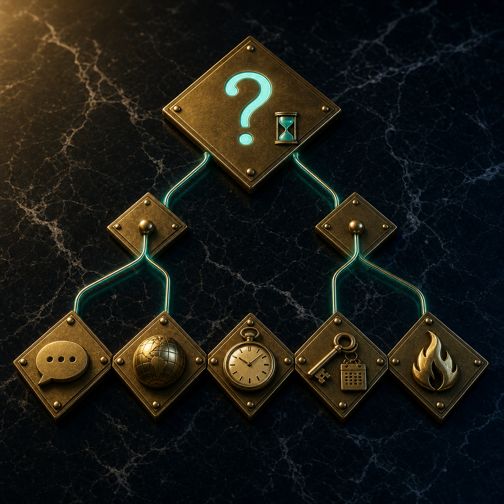 Brass plaques arranged in a flowchart pattern on black marble with five outcome paths including SMS, globe, pocket watch with marks, key with calendar, and burner flame icons