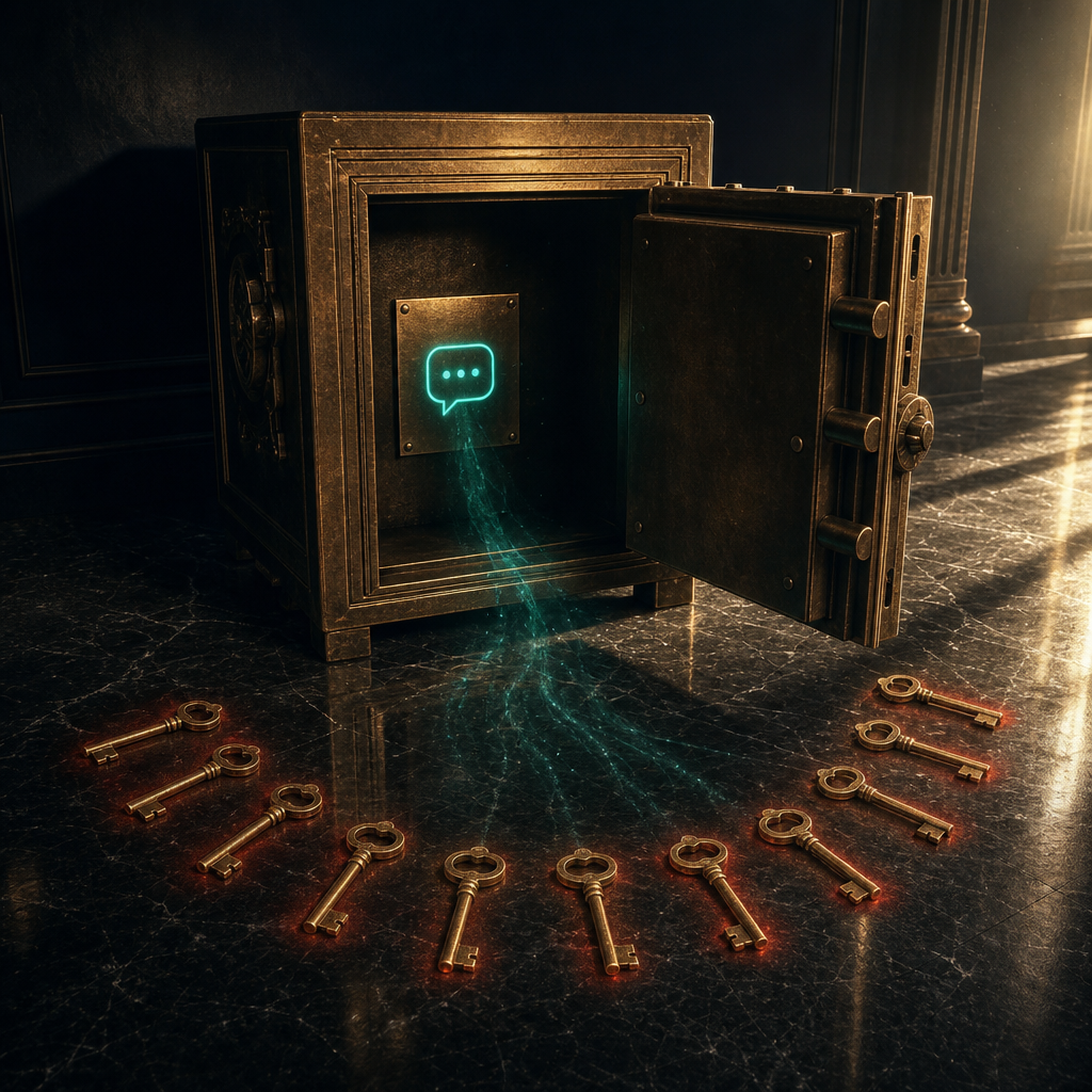 Brass safe wide open with single brass plaque showing teal SMS icon inside, surrounded by a fan of 11 brass keys with rust-red warning auras representing many users sharing the same public phone number