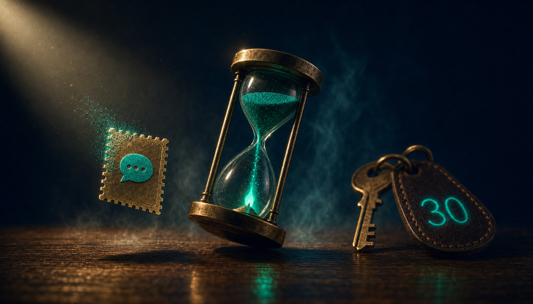 Three vintage brass objects on dark walnut desk: postage stamp with teal SMS icon dissolving in trail of dust, hourglass with teal sand falling into flame, brass key with leather tag etched 30 representing the lifecycle of disposable phone numbers
