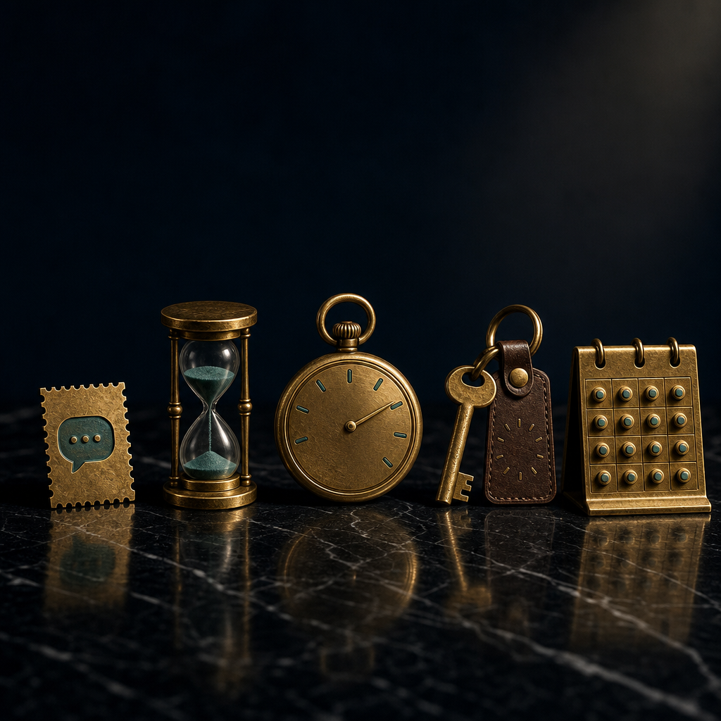 Five brass objects in a horizontal row on black marble representing different disposable lifecycles from one-shot postage stamp to month-by-month calendar