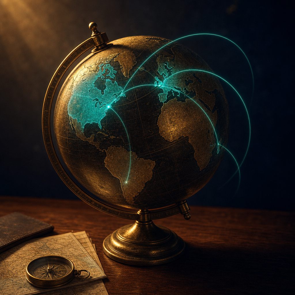 Antique brass globe on walnut desk with US UK and Netherlands regions glowing teal and flight paths between continents