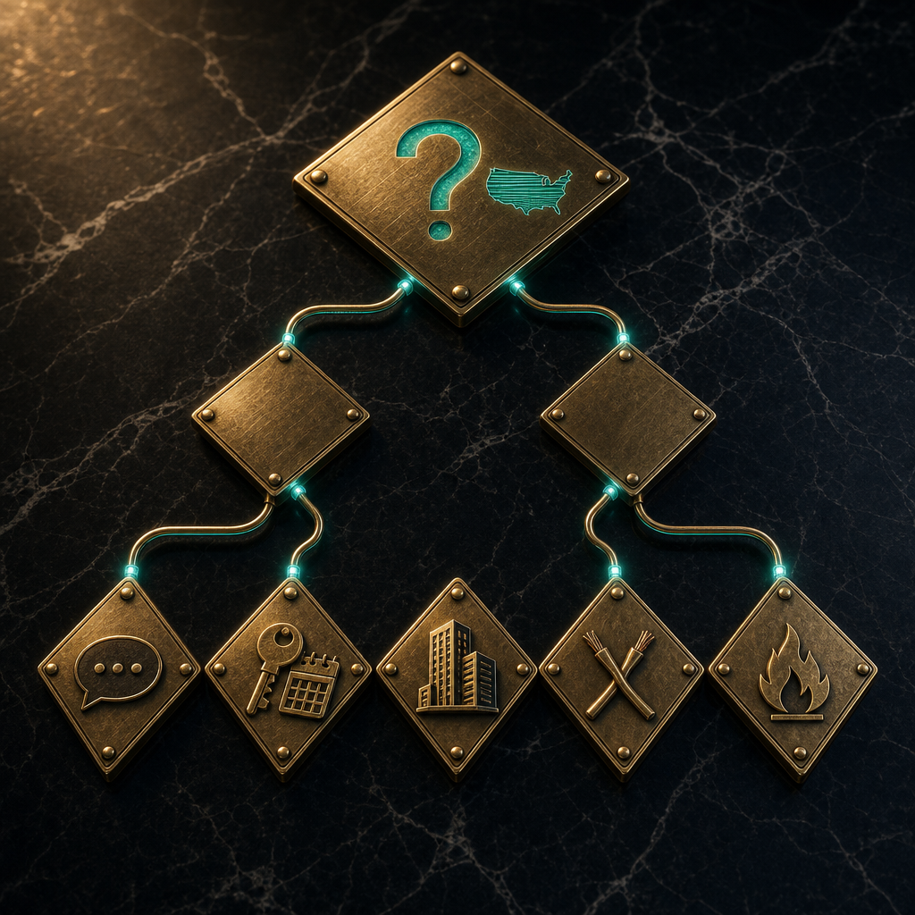 Brass plaques arranged in a flowchart pattern on black marble with five outcome paths including SMS, key with calendar, building, calling, and burner flame icons