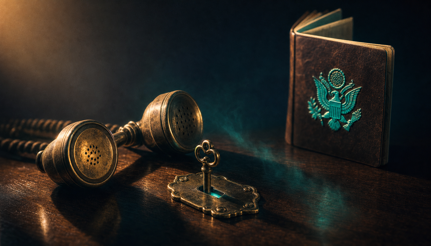 Vintage brass rotary telephone receiver locked with brass key and lock plate beside a vintage US passport with eagle seal on dark walnut desk representing Google Voice's signup gate