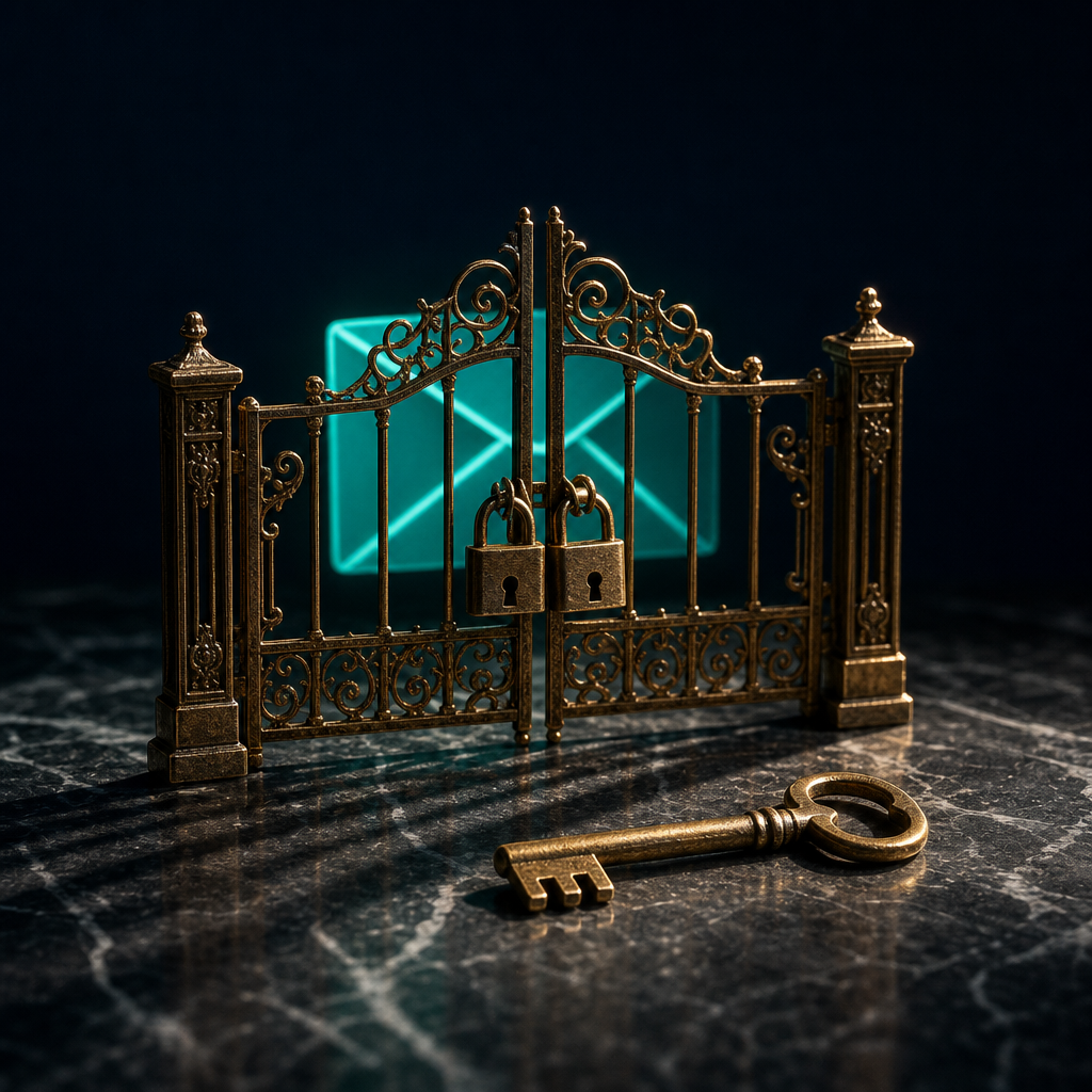 Tall ornate brass entry gate with two padlocks on black marble, glowing teal envelope hovering behind the gate just out of reach, brass key on the floor that does not match the locks