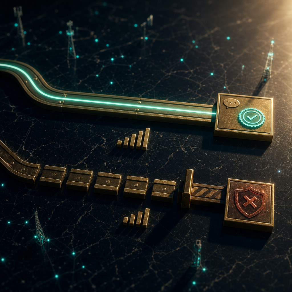 Two parallel brass tracks inlaid in black marble: upper track with teal seal and chat-bubble approval, lower track broken with rust-red warning representing VoIP rejection