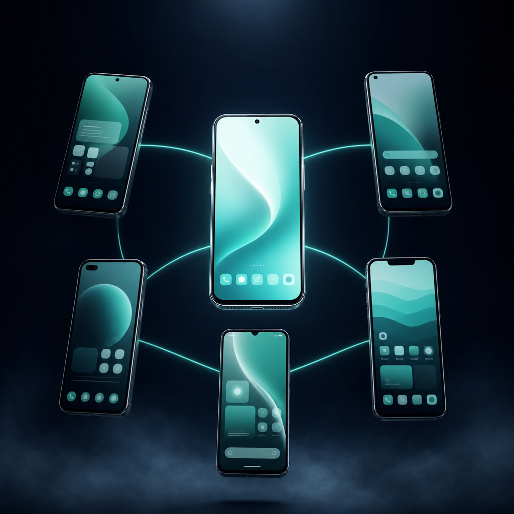 Seven floating geometric phone-shaped cards in staggered grid