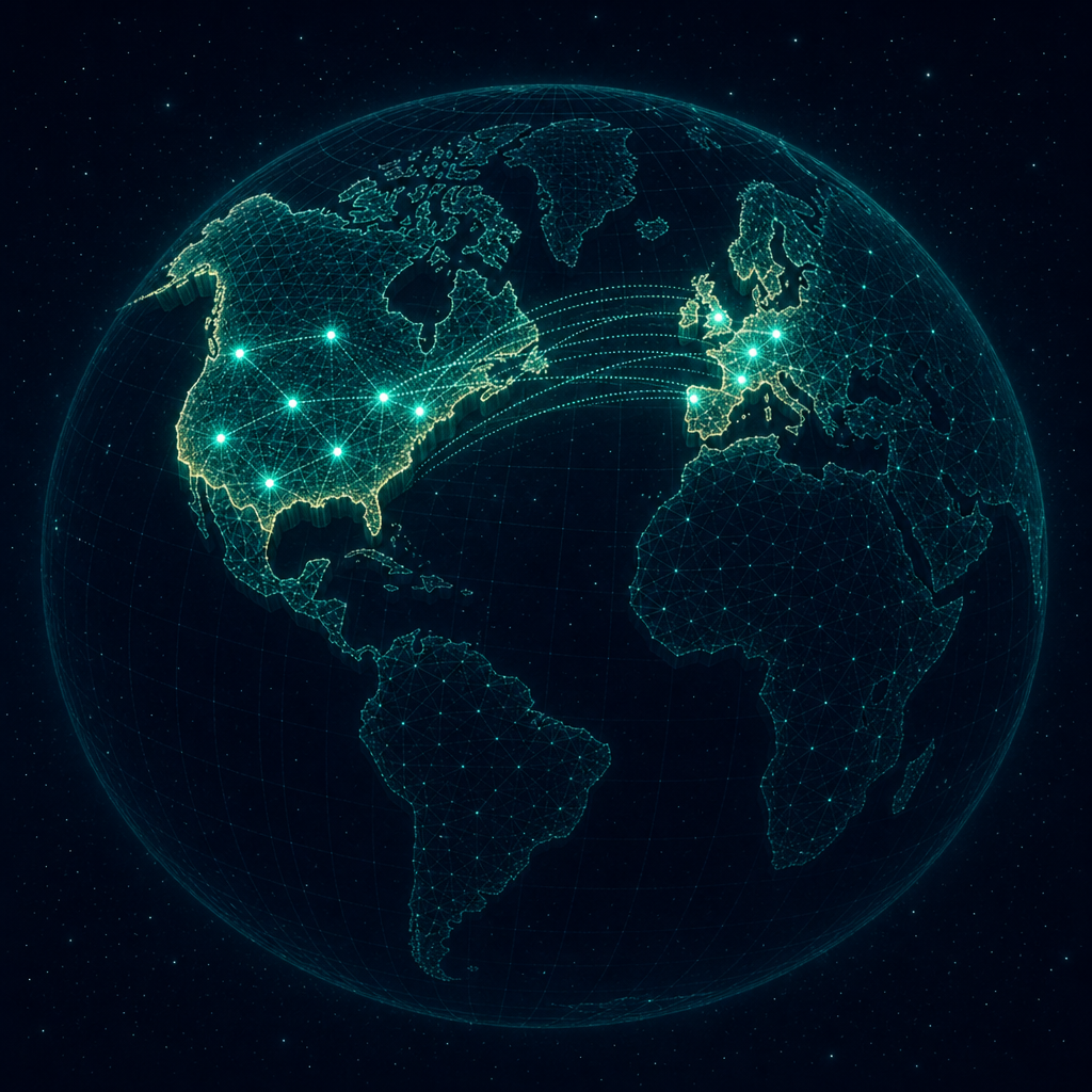 Abstract globe wireframe in teal showing service coverage across continents