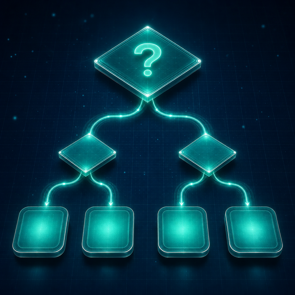 Isometric decision flowchart with diamond root and four glowing outcome cards