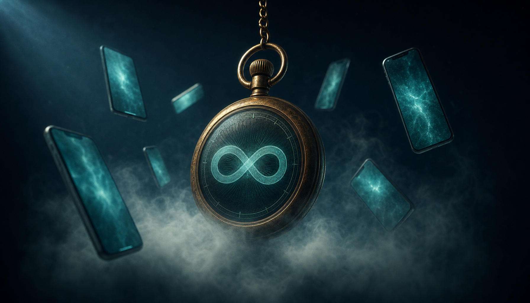 Antique pocket watch with infinity face surrounded by 7 floating phone silhouettes