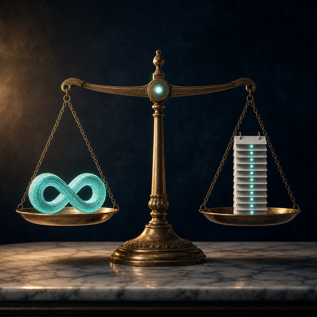 Balance scale weighing lifetime infinity coin against 12 monthly calendar squares