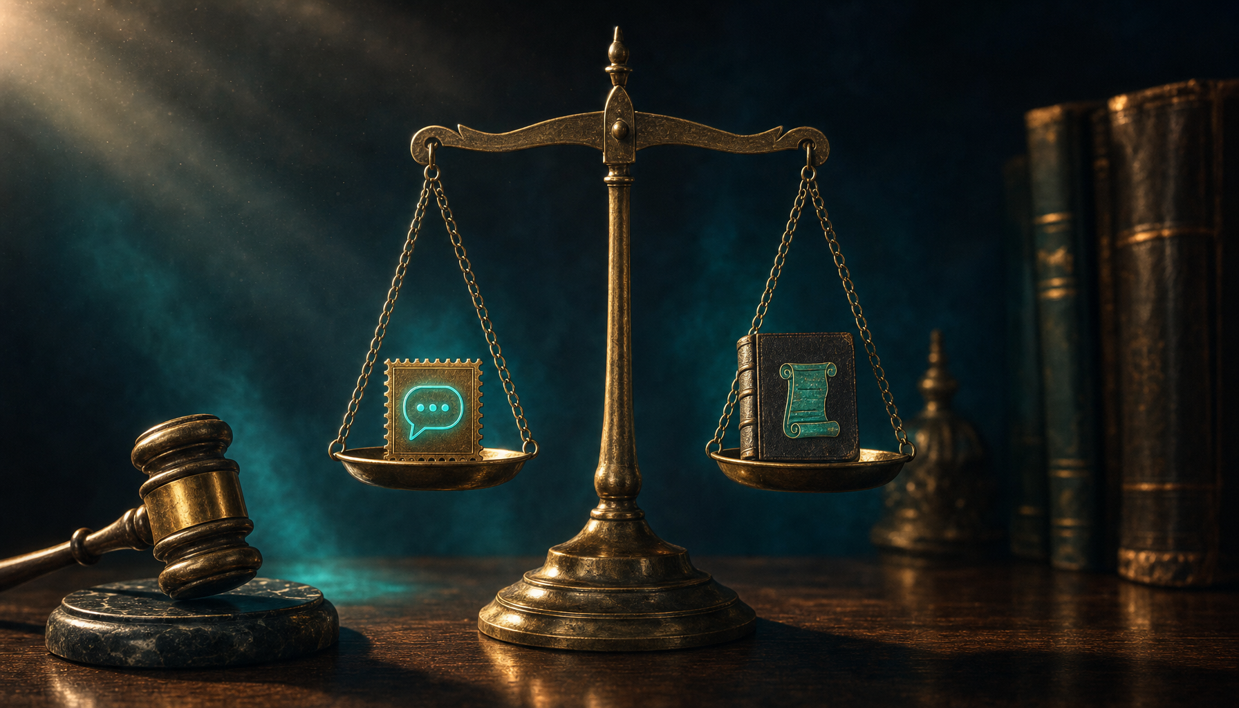 Vintage brass scales of justice perfectly balanced on dark walnut desk with brass postage stamp showing teal SMS icon on left pan and leather-bound legal book on right pan beside antique brass gavel
