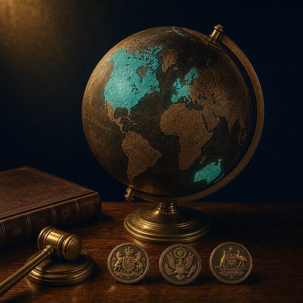Antique brass globe on walnut desk with multiple glowing teal regions including North America, UK, EU, Canada, Australia representing jurisdictions where virtual numbers are clearly legal