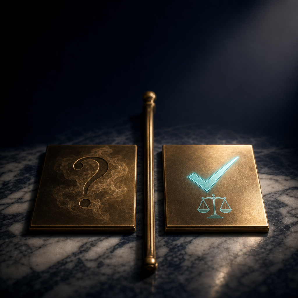 Two brass plaques on marble: left dimmer with question mark and smoke wisps representing forum myth, right brighter with checkmark and justice scales representing actual law