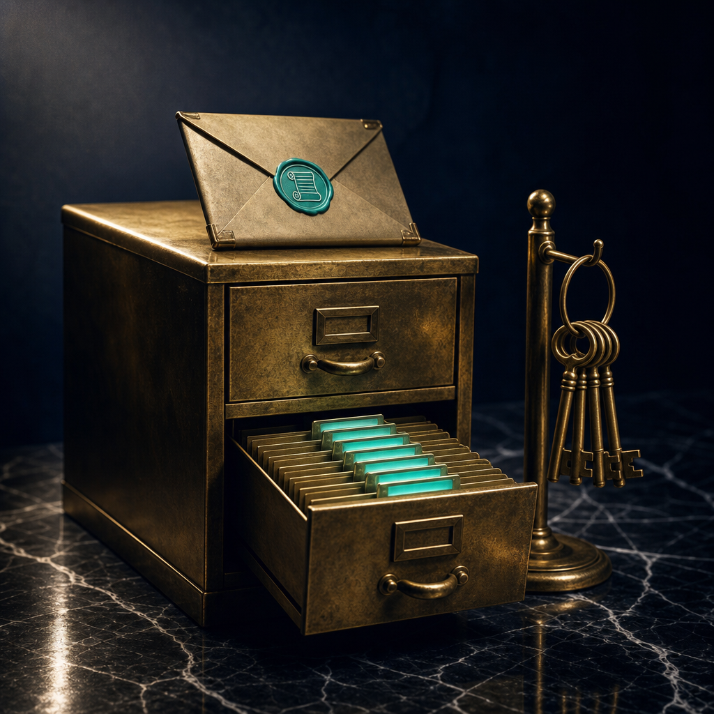 Brass file cabinet with one drawer open showing brass dividers with glowing teal labels beside brass key ring and brass-cornered envelope with scroll seal representing provider record-keeping and lawful disclosure requests