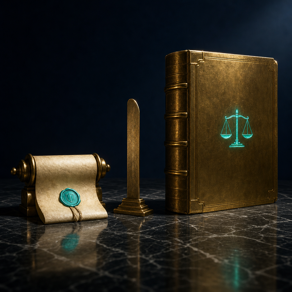 Brass contract scroll with teal wax seal beside larger brass legal tome with glowing teal scales of justice on cover representing the difference between Terms of Service contract and actual statute law
