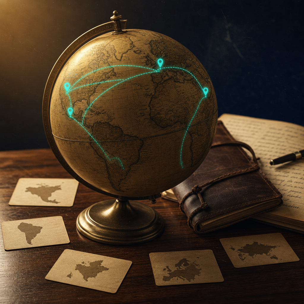 Vintage brass world atlas globe with teal connection arcs across US UK EU Asia Latin America with traveler-pin marks, leather travel journal with abstract handwritten itinerary lines behind