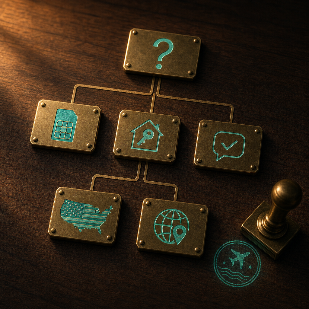 Walnut desk with five brass plaques flowchart connected by warm-bronze inlay tracks, top plaque question mark, three branches showing SIM-card eSIM choice home-with-key home-country line and SMS-checkmark verification choice, terminals US-flag and globe-with-pin, brass passport-stamp tool with glowing teal stamp impression in lower right