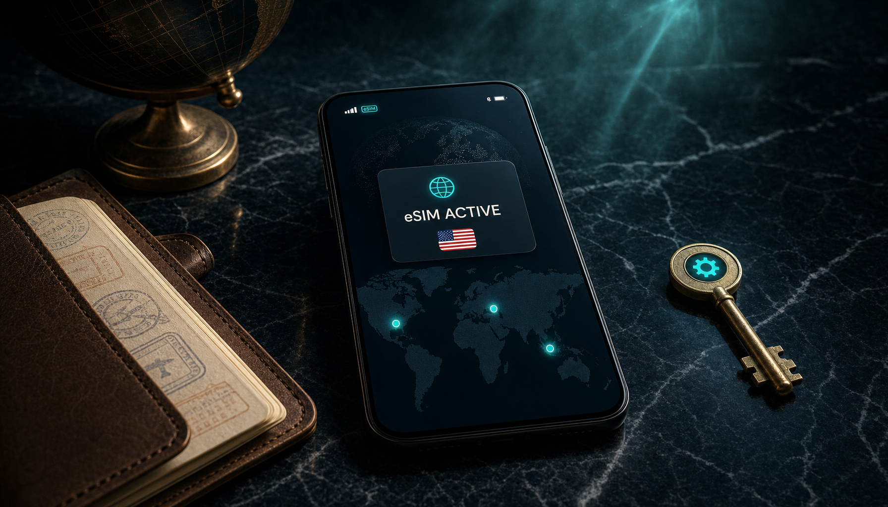 Modern smartphone on black marble showing travel-app interface with eSIM ACTIVE modal and map with three glowing teal country dots, leather passport-cover lying open and antique brass world globe at edge of frame, brass key with teal gear-symbol on opposite side