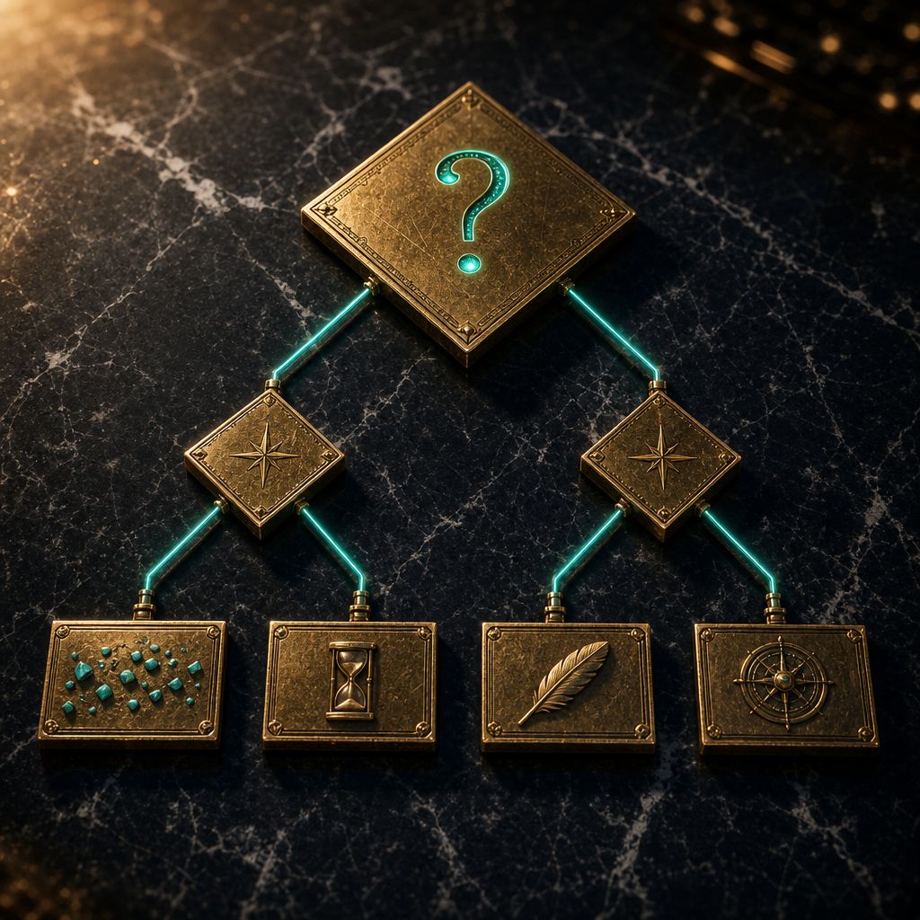 Isometric decision flowchart with diamond root and five glowing outcome cards